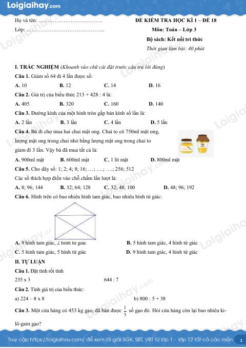 Đề kiểm tra học kì 1 Toán 3 Kết nối tri thức - Đề số 18